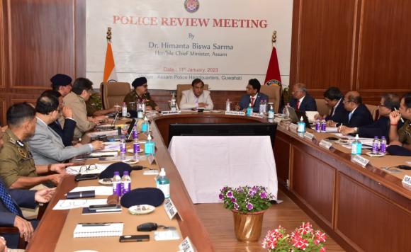 Chief Minister Dr. Himanta Biswa Sarma chairing a Police Review Meeting at the Assam Police Headquarters in Guwahati.