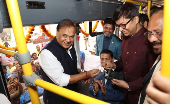 CM Dr. Himanta Biswa Sarma at the flag-off ceremony of 100 CNG-run buses and inauguration of first CNG fuel station in Guwahati.