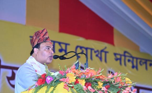 Chief Minister Dr. Himanta Biswa Sarma speaks during the  27th Triennial Adhiveshan of Asom Gorkha Sammelan at Nikashi in...